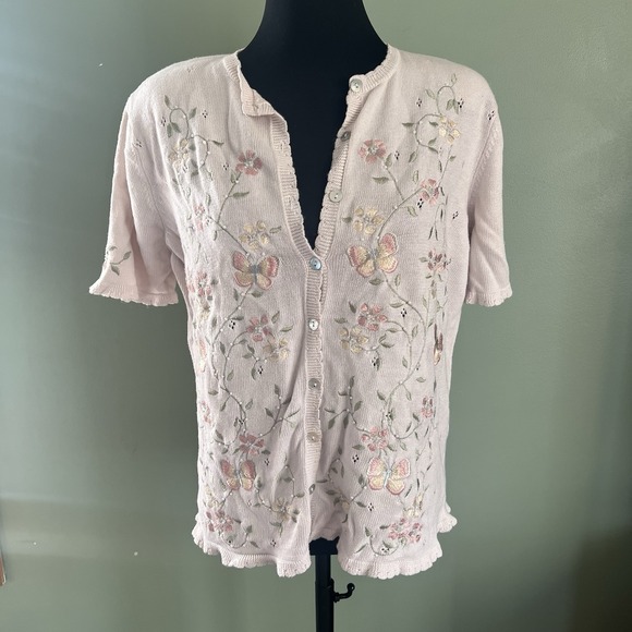 Alfred Dunner Vintage Floral Embroidered Sweater Short Sleeve Size Medium - Picture 1 of 5